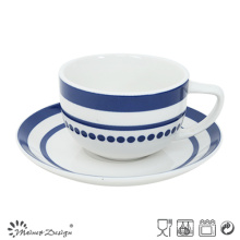 Tasse en porcelaine de 8 oz et soucoupe avec un élégant autocollant bleu